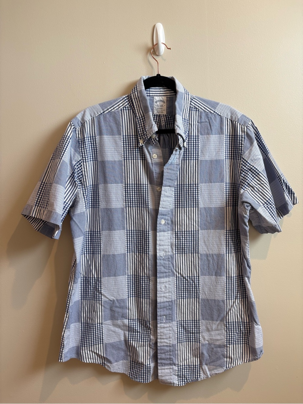 Brooks Brothers Blue and White Plaid Short Sleeve Button-Down Shirt